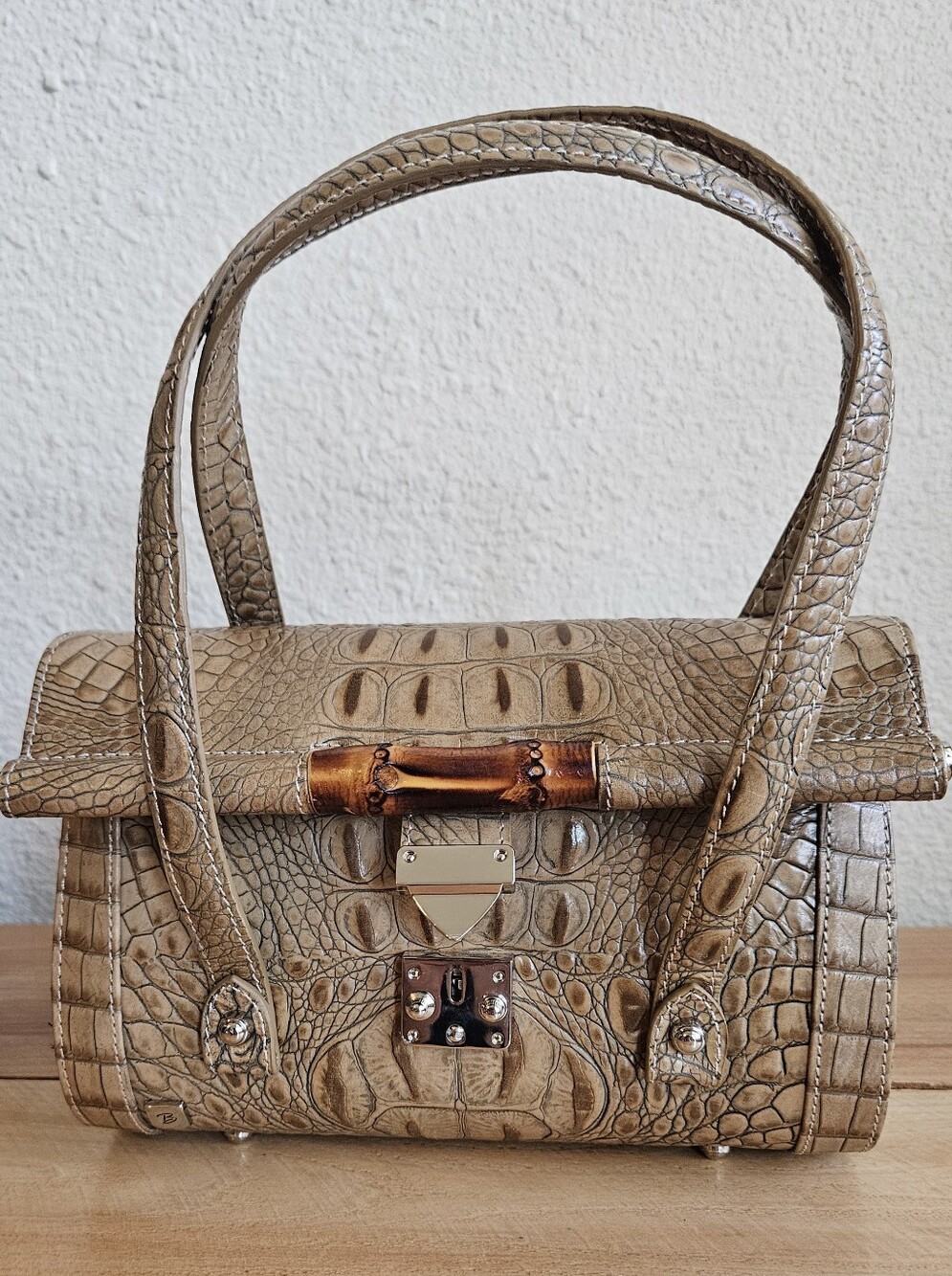 #Besso VGT Tan- Croc- Embossed Leather Bamboo Bullet Bag